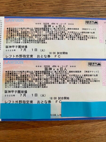 阪神vs巨人 7/1(火) レフト外野指定席 後方通路 おとな券 2枚