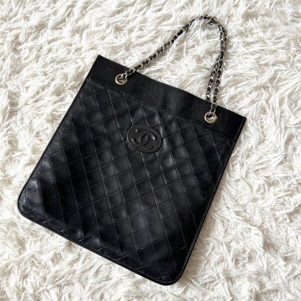 CHANEL シャネル マトラッセ ココマーク ラムスキン チェーン トートバッグ 黒 ショルダーバッグ