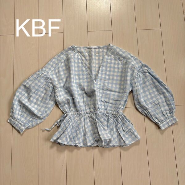 KBF 長袖カシュクールブラウス トップス チェック シャツ 綿100% ブルー フリル