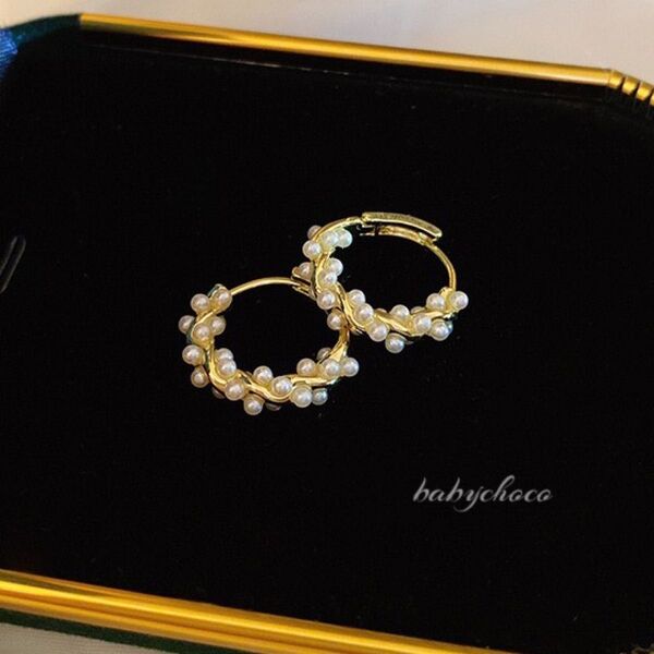 ピアス 小パール繋ぎフープピアス