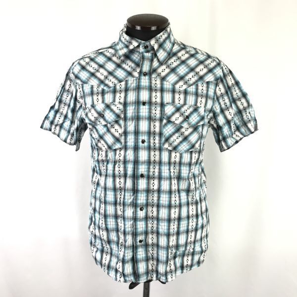 VILLAND/ヴィランド★半袖ウエスタンシャツ【メンズM/青/チェック柄/blue】スナップボタン/Tops/Shirts◆BH985