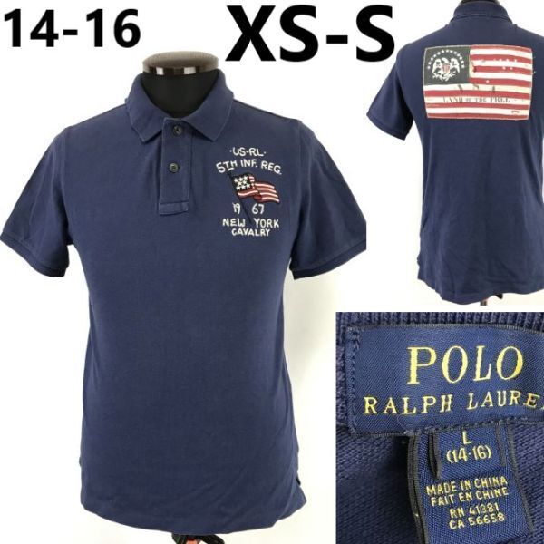 POLO RALPH LAUREN/ラルフローレン★星条旗/アメリカ/ダメージ加工/半袖ポロシャツ【14-16メンズXS-S相当/ネイビー】Tops/Shirts◆SBH981