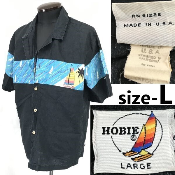 70s-80s?/USA製/Vintage★ホビー/HOBIE★アロハシャツ【メンズL/黒×水色/black×light blue】レア/半袖シャツ/Tops/hawaii/Shirts◆pBH784