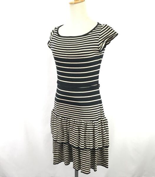 日本製★ルネ/Rene★フリルワンピース【S/size:36/ミニ丈/半袖//黒×ベージュ/black×beige/ボーター】ストレッチ/dress◆TBH986