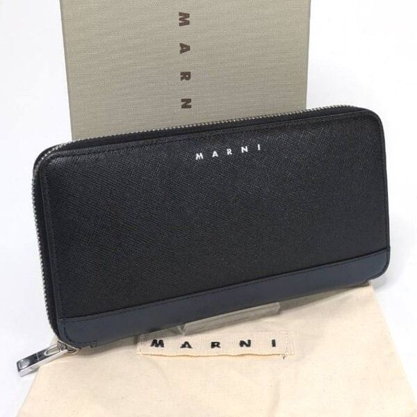 美品 マルニ MARNI ラウンドジップ ウォレット 長財布 バイカラー ブラック×ネイビー ロングウォレット 男女兼用 大容量