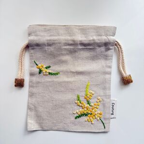 巾着 刺繍 ミモザ