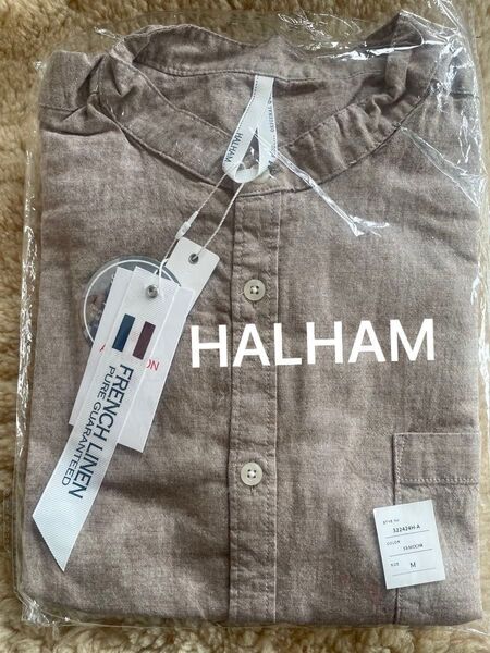 未使用タグ付き フレンチリネン モカ 長袖シャツ M HALHAM バンドカラー