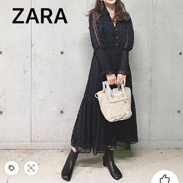 ZARA ザラ スイスドット柄ミディ丈ワンピース シフォン ティアード ロングワンピース レース ブラック 黒 水玉柄 マキシ丈