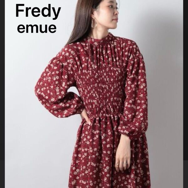 Fredy emue フレディエミュ ウエストシャーリング花柄ワンピース 総柄 レトロ 昭和 Aライン ロングワンピース レッド系