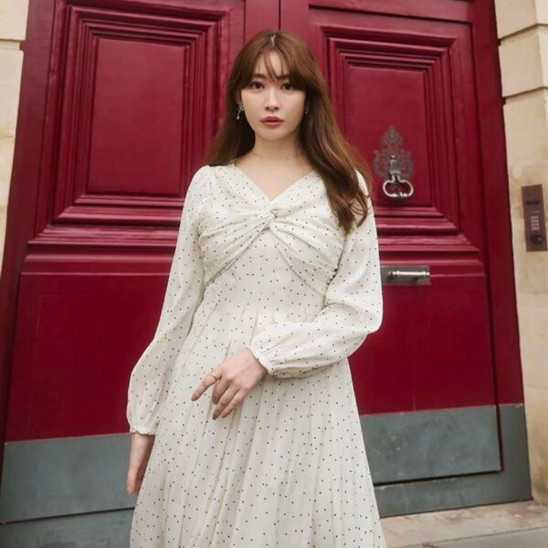【訳あり品】Herlipto ハーリップトゥ Moon Glow Dot Pleated Dress ロングワンピース ホワイト