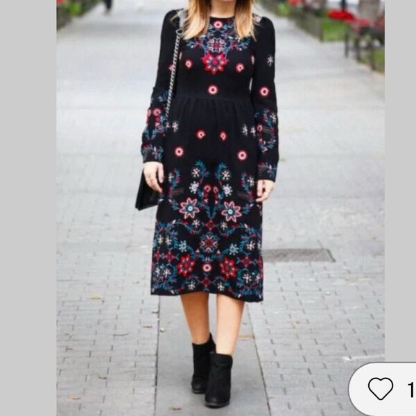 ZARA WOMAN ザラウーマン 花柄刺繍ロングワンピース ブラック 黒 長袖