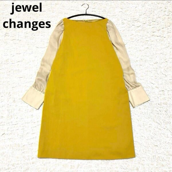 jewel changes ジュエルチェンジズ スエード調ワンピース 金ボタン 袖切替 異素材 お呼ばれ 結婚式 パーティー 長袖