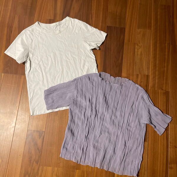 白Tシャツ、紫シースルートップス セット