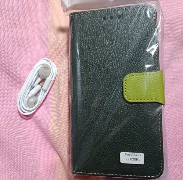 ASUS Zenfone5(ZE620KL )手帳型ケース カバーグリーン オマケ)イヤフォン