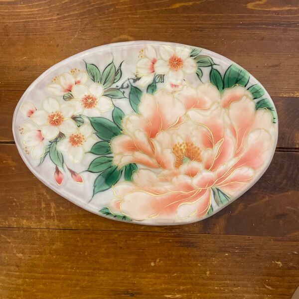 【希少・新品】京焼 清水焼 陶あん 桜と牡丹 変形銘々皿 飾り皿 地色紫
