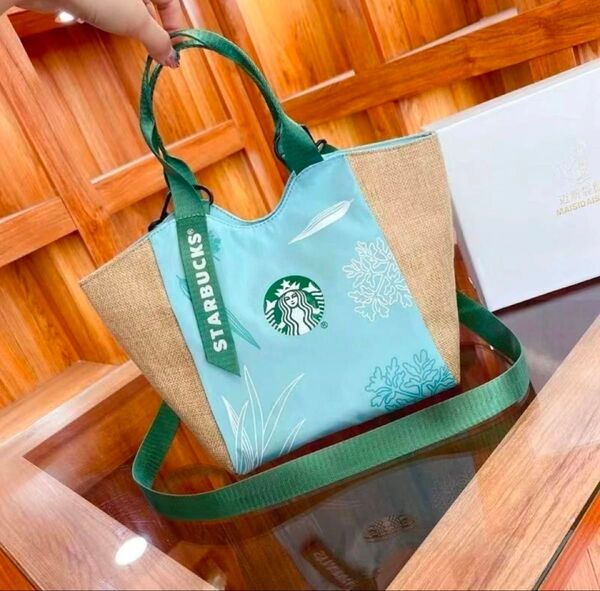 スターバックス ショルダーバッグ ハンドバッグ トートバッグ 磁石止め式 ブルー
