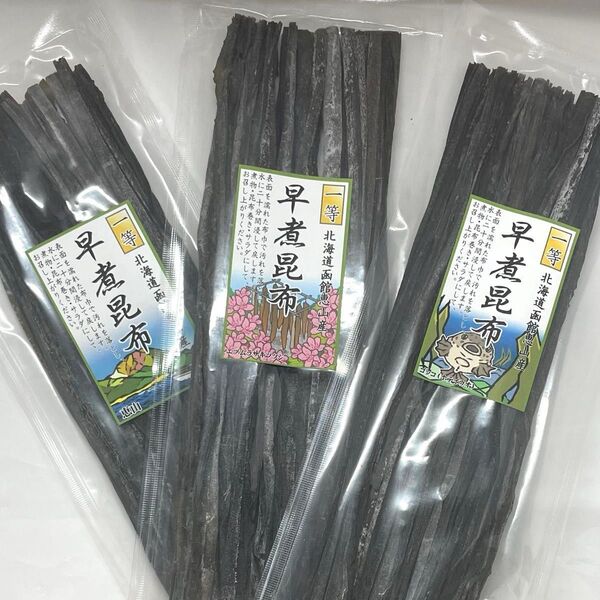 北海道函館産 やわらか早煮昆布1等120g(40g×3袋セット)贈答用にも使いやすいサイズです!お手元にとってみてください。