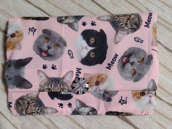 ハンドメイド ミニポーチ 猫柄 ピンク