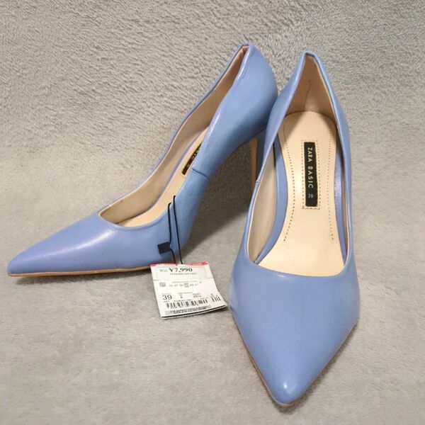 タグつき【ザラベーシック】ZARA basic(39) パンプス ハイヒール ピンヒール ポインテッドトゥ ライトブルー系