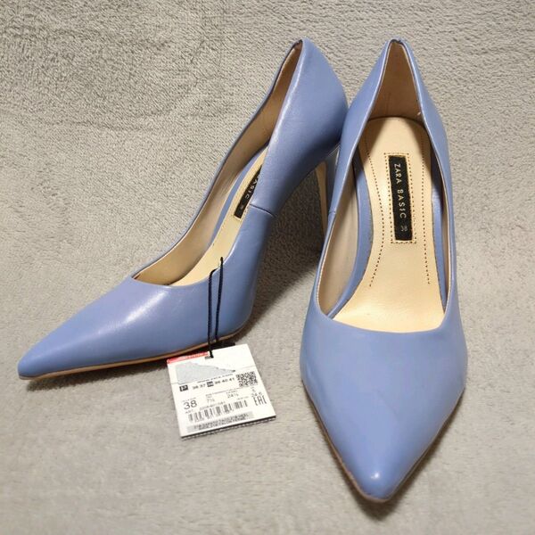 タグあり!【ザラベーシック】ZARA basic(38) パンプス ハイヒール ピンヒール ポインテッドトゥ ライトブルー系