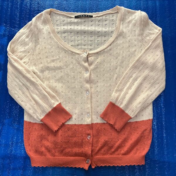【イング】クリアボタン付き透かし編みカーディガン トップス ニット カーディガン 女性用 春夏 七分袖 薄手 羽織り
