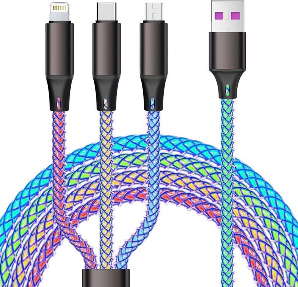 光る! 3in1 ケーブル TypeC microUSB ライトニングケーブル iPhone LEDライト 充電ケーブル