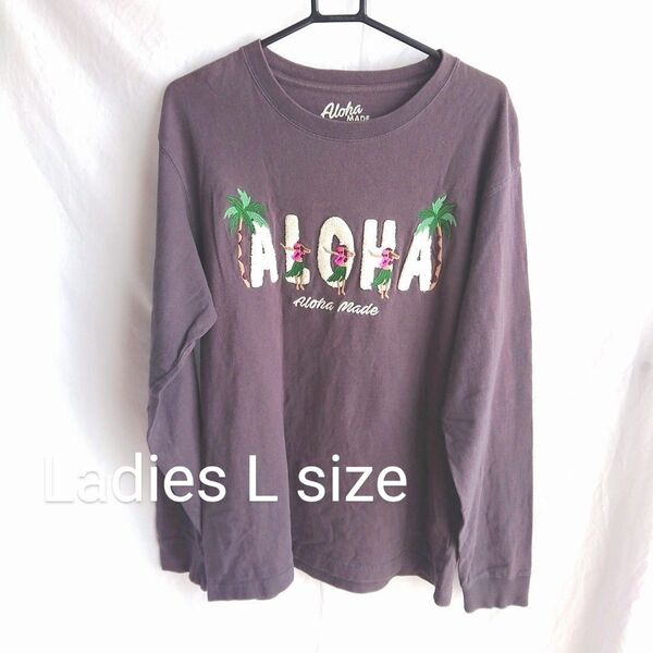 コットン ロンT レディースL ALOHAロゴ アロハ 長袖Tシャツ アメカジ