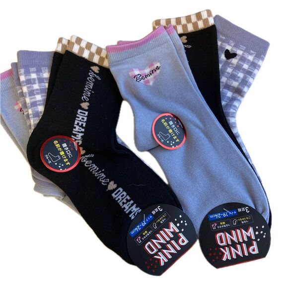 PINK WIND ソックス クルー丈 3足組×2セット キッズ靴下 小学生 19-24センチ 新品