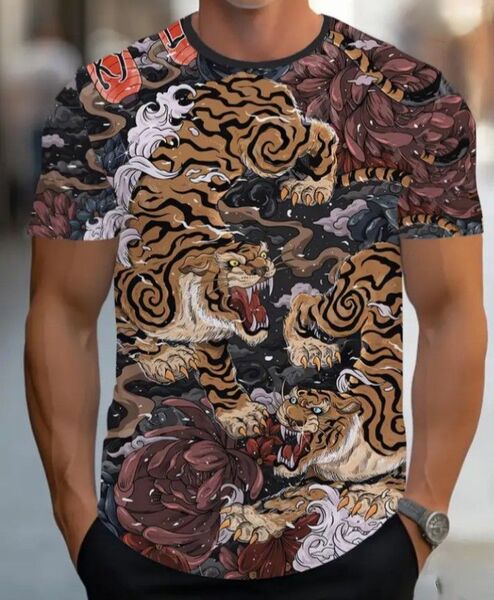 新品未着用 MEN'S 和柄 両面プリント 《双虎》Tシャツ 大きいサイズ XXL