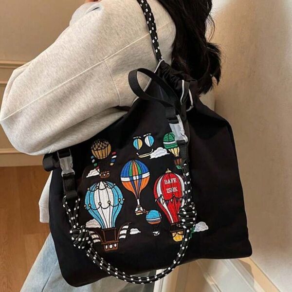ショルダーバッグ ショルダーベルト付 エコバッグ トートバッグ 気球 風船 軽量 刺繍 黒