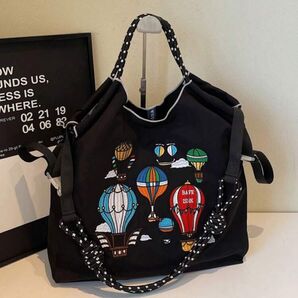 大容量 トートバッグ ハンドバッグ ストラップつき ナイロン 黒 ショルダーバッグ 肩掛け 刺繍バッグ レディース