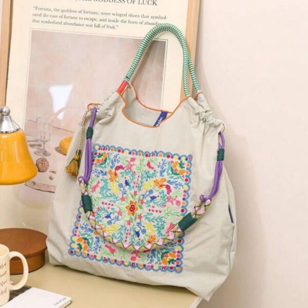 エコバッグ トートバッグ ショルダーベルト付 大容量 ショルダーバッグ 花柄 刺繍 グレー