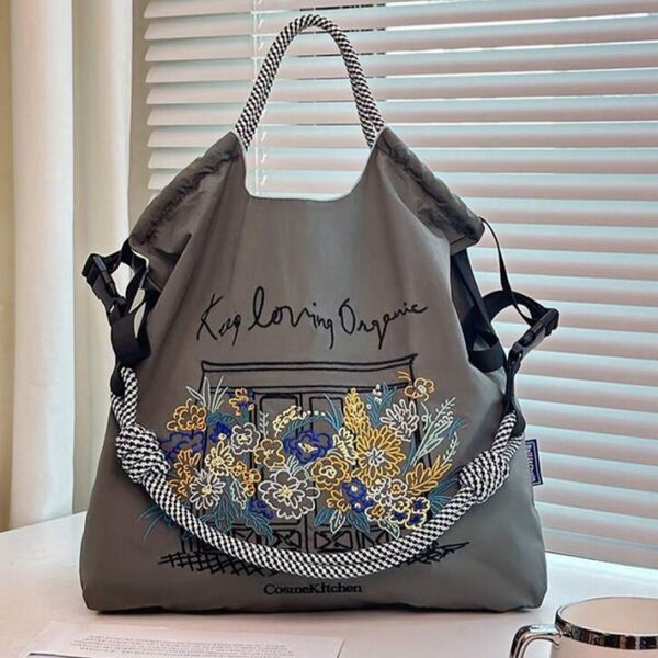 ショルダーベルト付 エコバッグ ボールアンドチェーン トートバッグ グレー 花柄 刺繍 ナイロン 軽量