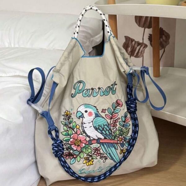 ショルダーベルト付 エコバッグ ボールアンドチェーン トートバッグ 花柄刺繍 大容量
