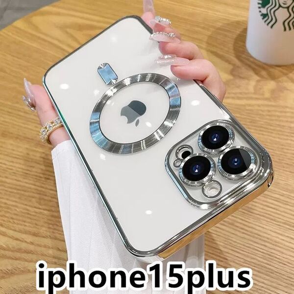 iphone15plusケース TPU 無線 磁気 ワイヤレス充電 シルバー3