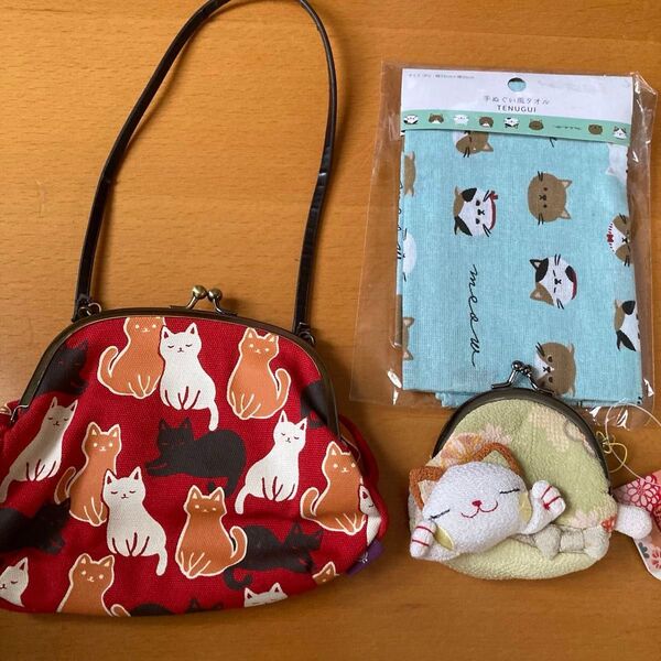 猫グッズセット京都くろちく 人気シリーズ 「イマドキ」ネコ柄がま口ポーチ&ちりめん招き猫/がまぐち &手ぬぐい風タオル