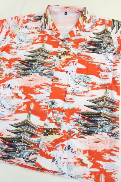 新品 Mサイズ【和柄 アロハシャツ】五重塔 桜 松の木 鶴 ハワイアン 開襟 オープンカラー RED 赤 レッド