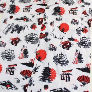 新品 Mサイズ【和柄 アロハシャツ】日本地図 日の丸 舞妓 扇子 龍 富士 五重塔 ハワイアン 開襟 オープンカラー ホワイト