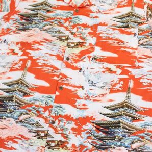 新品 XLサイズ【和柄 アロハシャツ】五重塔 桜 松の木 鶴 ハワイアン 開襟 オープンカラー RED 赤 レッド
