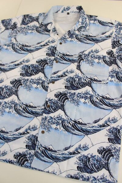 新品 Lサイズ【和柄 アロハシャツ】波 日本画 ハワイアン 開襟 オープンカラー ペールブルー/ダークネイビー/ホワイト