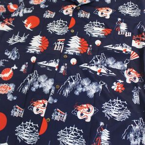 新品 XLサイズ【和柄 アロハシャツ】日本地図 日の丸 舞妓 扇子 龍 富士 五重塔 ハワイアン 開襟 オープンカラー ネイビー