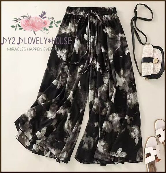 【~3L4L相当】Flowerぼかし柄ワイドシフォンガウチョパンツ*黒