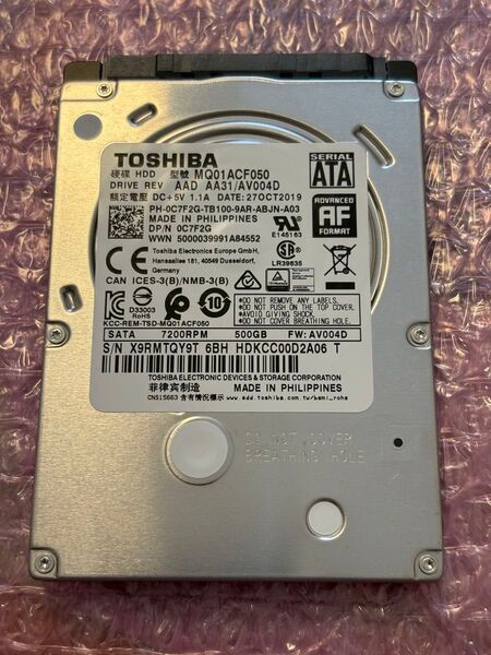 TOSHIBA MQ01ACF050 500GB 2.5インチ SATA HDD 使用時間 320時間