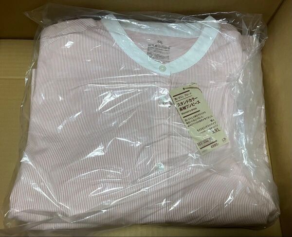 【大きいサイズ】無印 洗いざらしブロードスタンドカラー 長袖ワンピース XXL
