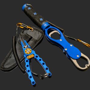 アルミ合金製 測り機能付きフィッシュグリップ プライヤーセット フィッシュキャッチャー カラビナ付き 魚掴み