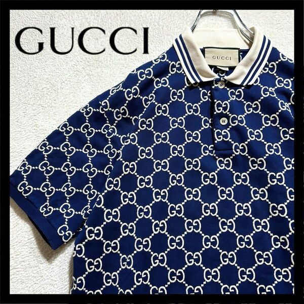 【GUCCI】 半袖ポロシャツ L GG柄 GG総柄 刺繍ロゴ ネイビー ゴルフ チェック柄 シャツ