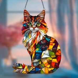 サンキャッチャー 壁掛け 光 アクリルプレート 癒やし ステンドグラス風 猫 メインクーン 風水 玄関 窓辺 リビング 猫 猫好き