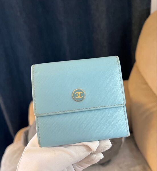 正規品 CHANEL シャネル ココボタン 三つ折り財布 コンパクト財布 ブルー