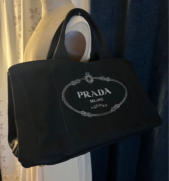 正規品 プラダ PRADA カナパ トートバッグ ハンドバッグ キャンバス ブラック 黒
