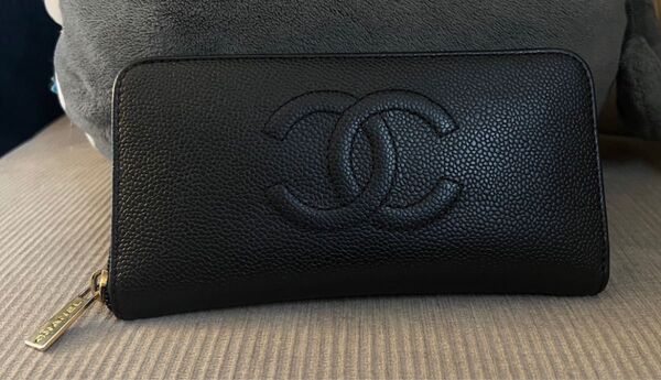 正規品 CHANEL ラウンドファスナー 長財布 キャビアスキン 黒 レザー
